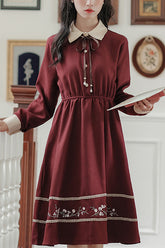 Red Vintage Lapel Collar Long Sleeves Hem Flower Embroidered High Waisted Sweet Lolita Dress